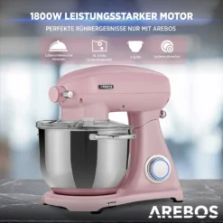AREBOS Retro Küchenmaschine 1800W, Knetmaschine Mit 6L Edelstahl-Rührschüssel, Geräuscharm, 6 Geschwindigkeiten, Rosa -Günstiges Brat Lust Geschäft 0d5be64f218584d955bea812a6e12a37