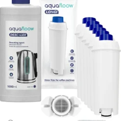 Set Für DeLonghi Kaffeemaschinen: 6x AquaFloow Longi Wasserfilter, AquaFloow Entkalker Entkalker 1000ml, Reinigungswischer
