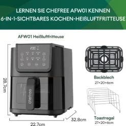 CHEFREE AFW01 Heißluftfritteuse, Mit Visuelles Fensterdesign, Kompaktfriteusen Mit 5L Fassungsvermögen Und 6 Voreingestellte Progra -Günstiges Brat Lust Geschäft 12092a6797af26319aad065df90ddfd7