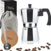 Milu Espressokocher (No Induktion) | 2, 3, 6, 9 Tassen | Aluminium Mokkakanne, Espressokanne, Espresso Maker Set Inkl. Untersetzer, Löffel, Bürste (Aluminium, 4 Tassen (300ml) -Günstiges Brat Lust Geschäft 12b613473803f08a18011d88f6a4123d