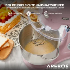 AREBOS Retro Küchenmaschine 1800W, Knetmaschine Mit 6L Edelstahl-Rührschüssel, Geräuscharm, 6 Geschwindigkeiten, Rosa -Günstiges Brat Lust Geschäft 20eff289881ec01e1fca914cb4209b42