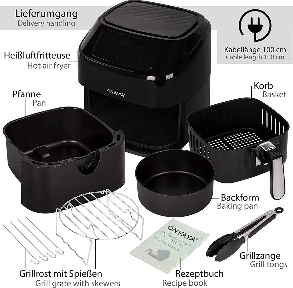 ONVAYA® Heißluftfritteuse | Airfryer XXL | Fritteuse Ohne Öl & Fett | Für 5-6 Personen | Mit LED-Display | 10 Programme | 1700 W | Inkl. Backform & Grillrost Mit Spießen 8 ONVAYA® Heißluftfritteuse | Airfryer XXL | Fritteuse Ohne Öl & Fett | Für 5-6 Personen | Mit LED-Display | 10 Programme | 1700 W | Inkl. Backform & Grillrost Mit Spießen – Bild 6