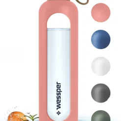 Wessper Trinkflasche Glas Mit Silikonhülle, Wasserflasche Mit Zeitmarkierungen, Transparente Wasserflasche Aus Borosilikat Glas, Berwachung Ihrer Täglichen Wasseraufnahme 1L Rosa