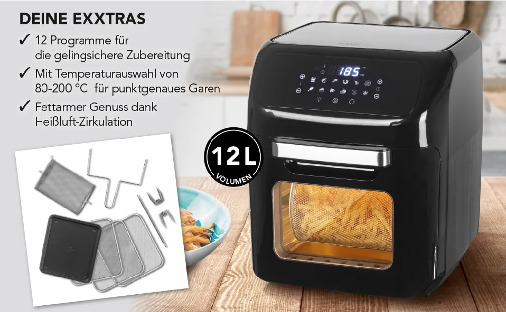 MAXXMEE Heißluft-Fritteuse Digital - 12 L Fassungsvermögen - Schwarz Heißluft Fritteuse Friteuse Fritöse Airfryer 12L XXL Backofen Drehgrill Digital 10 MAXXMEE Heißluft-Fritteuse Digital - 12 L Fassungsvermögen - Schwarz Heißluft Fritteuse Friteuse Fritöse Airfryer 12L XXL Backofen Drehgrill Digital – Bild 8