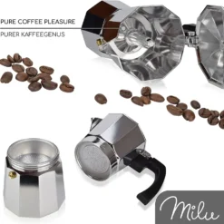 Milu Espressokocher (No Induktion) | 2, 3, 6, 9 Tassen | Aluminium Mokkakanne, Espressokanne, Espresso Maker Set Inkl. Untersetzer, Löffel, Bürste (Aluminium, 4 Tassen (300ml) -Günstiges Brat Lust Geschäft 463a2ffb24bc2924b4d03050d7b07e61