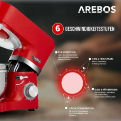 AREBOS 6-in-1 Küchenmaschine 1500W, Fleischwolf, Blender, Nudelmaschine, Knetmaschine Mit Edelstahl-Schüssel 5,5 L, Rot -Günstiges Brat Lust Geschäft 6a41341f54fe3a26d7ea1343c455ff90