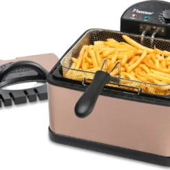 Bestron XL Öl-Fritteuse Mit 3 Frittierkörben, Inkl. Kaltzonentechnologie & Herausnehmbaren Ölbehälter, 4 Liter, Spülmaschinengeeignet, 2000 W, Edelstahl, Farbe: Kupfer