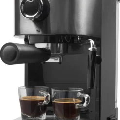 Bestron Espressomaschine Für 2 Tassen, Kolbenmaschine Mit Schwenkbarer Dampfdüse, Inkl. Integriertem Tassenwärmer, Herausnehmbarem Wassertank & 15 Bar Pumpendruck, 1.450 Watt, Farbe: Silber