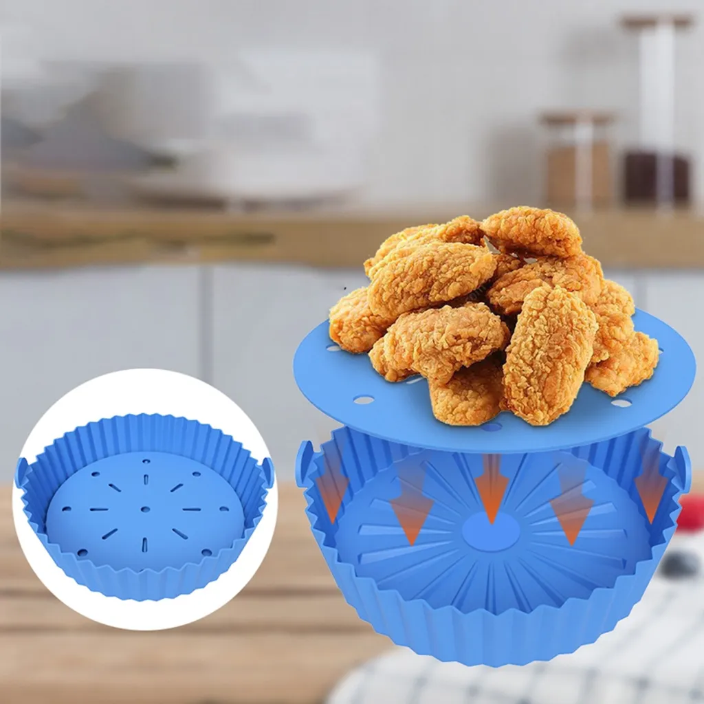 2er/set Silikon Heißluftfritteuse Korb, Backform + Isolations Pad, Küchenzubehör, Blau 4 2er/set Silikon Heißluftfritteuse Korb, Backform + Isolations Pad, Küchenzubehör, Blau – Bild 2