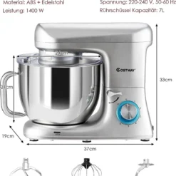COSTWAY 1400W Küchenmaschine Edelstahl, 6 Stufen Knetmaschine, Rührmaschine 7L Teigmaschine Mit Griff, Inkl. Schneebesen, Knethaken, Rührbesen & Spritzschutz, Silber -Günstiges Brat Lust Geschäft 7a3dde51da6b9f4bb037997818edf86a