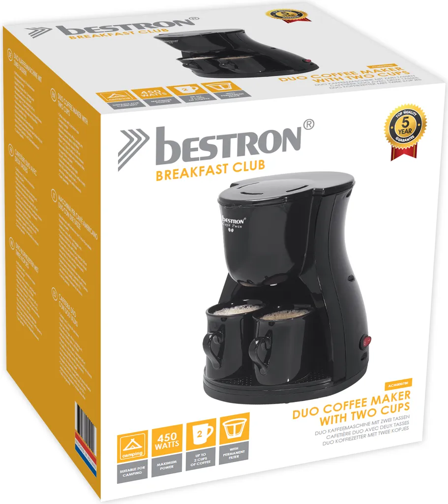 Bestron Duo-Kaffeemaschine Inkl. 2 Tassen, Für Gemahlenen Filterkaffee, 450 Watt, Schwarz 4 Bestron Duo-Kaffeemaschine Inkl. 2 Tassen, Für Gemahlenen Filterkaffee, 450 Watt, Schwarz – Bild 2