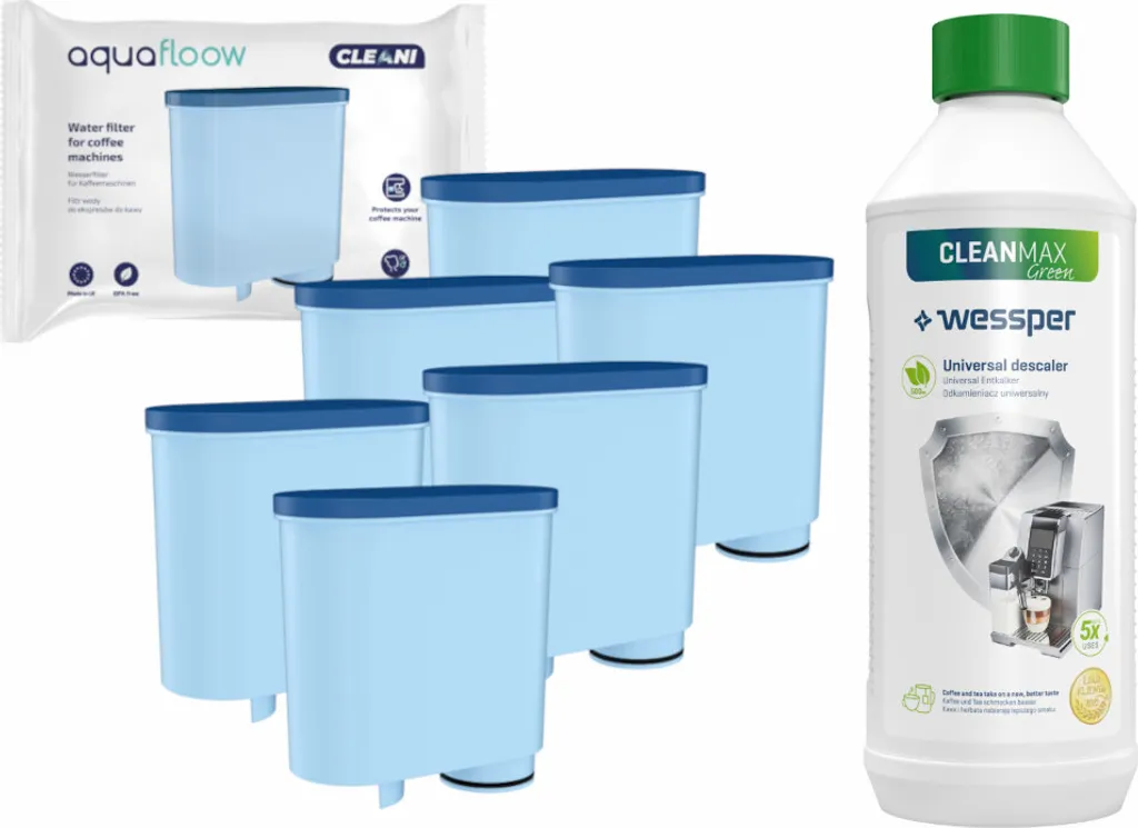 Set Für Espressomaschinen: 6x AquaFloow Cleani Wasserfilterpatrone Für Saeco/Philips Espressomaschinen + Wessper CleanMax Green 500ml Entkalker 3 Set Für Espressomaschinen: 6x AquaFloow Cleani Wasserfilterpatrone Für Saeco/Philips Espressomaschinen + Wessper CleanMax Green 500ml Entkalker