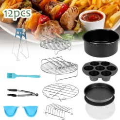 EINFEBEN Heißluftfritteuse Zubehör 7 Zoll 12tlg. Fritteuse Set Inkl. Brotbackkorb Pizzapfanne Silikonpfanne Grillrost Spieße