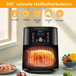 AINUOO 4L Heißluftfritteuse, 1600 W Airfryer Fritteuse Mit Touch Display, 6-in-1 Multifunktions Kompaktfriteuse Mit 6 Programmen, Transparentes Sichtfenster, Mit Rezeptheft, BPA-frei, Schwarz -Günstiges Brat Lust Geschäft 9bb1f3ead603f0747a0217f5d2ec259a