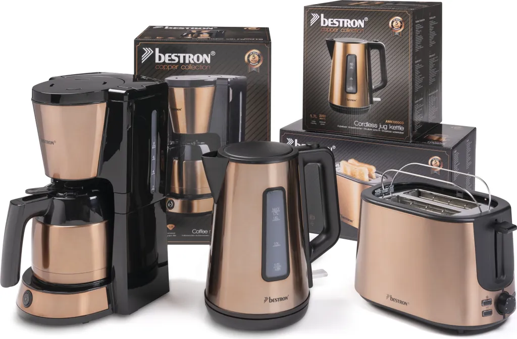 Bestron Filter-Kaffeemaschine Für 8 Tassen Kaffee, Inkl. 1L Thermokanne + Toaster Mit 2 Röstkammern + Wasserkocher Mit 360° Basis, Vorteilspaket Der Copper Collection, Farbe: Kupfer 3 Bestron Filter-Kaffeemaschine Für 8 Tassen Kaffee, Inkl. 1L Thermokanne + Toaster Mit 2 Röstkammern + Wasserkocher Mit 360° Basis, Vorteilspaket Der Copper Collection, Farbe: Kupfer