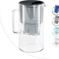 Wessper Wasserfilterkanne Aus Glas 2.5 L Kompatibel Mit Brita-Wasserfilterkartuschen, Inklusive 1 Wasserfilter-Kartusche, Reduziert Kalk Und Chlor, Schwarz
