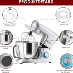 COSTWAY 1400W Küchenmaschine Edelstahl, 6 Stufen Knetmaschine, Rührmaschine 7L Teigmaschine Mit Griff, Inkl. Schneebesen, Knethaken, Rührbesen & Spritzschutz, Silber -Günstiges Brat Lust Geschäft a5cecc89c01c72d6160964a257d8d666