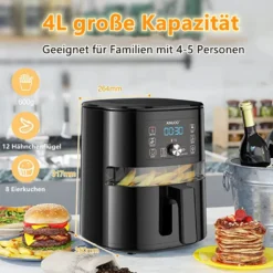 AINUOO 4L Heißluftfritteuse, 1600 W Airfryer Fritteuse Mit Touch Display, 6-in-1 Multifunktions Kompaktfriteuse Mit 6 Programmen, Transparentes Sichtfenster, Mit Rezeptheft, BPA-frei, Schwarz -Günstiges Brat Lust Geschäft b3c4d3a874df1eb9847f0264f951818f