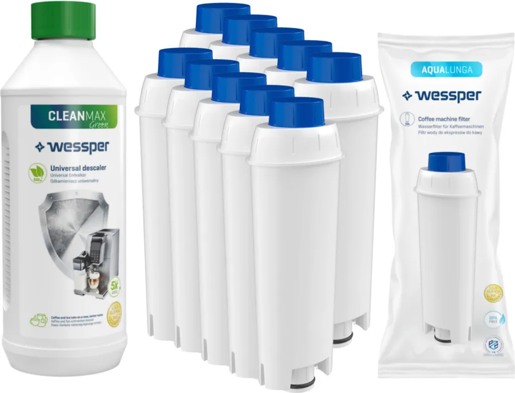 Espressomaschinen-Set: 10x Wessper AquaLunga Wasserfilterpatrone Für DeLonghi Espressomaschinen (SER3017 DLS C002) + Wessper CleanMax 500ml Entkalker 3 Espressomaschinen-Set: 10x Wessper AquaLunga Wasserfilterpatrone Für DeLonghi Espressomaschinen (SER3017 DLS C002) + Wessper CleanMax 500ml Entkalker