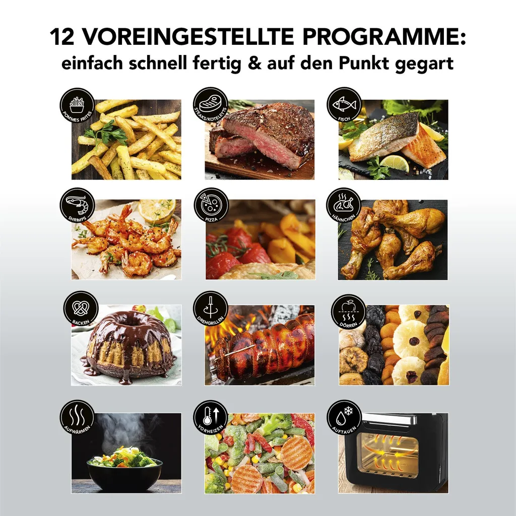 MAXXMEE Heißluft-Fritteuse Digital - 12 L Fassungsvermögen - Schwarz Heißluft Fritteuse Friteuse Fritöse Airfryer 12L XXL Backofen Drehgrill Digital 7 MAXXMEE Heißluft-Fritteuse Digital - 12 L Fassungsvermögen - Schwarz Heißluft Fritteuse Friteuse Fritöse Airfryer 12L XXL Backofen Drehgrill Digital – Bild 5