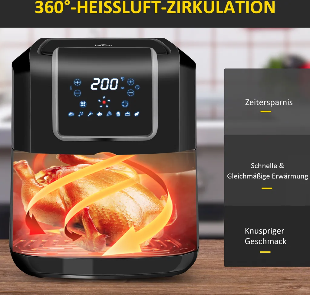 HOMCOM Heißluftfritteuse 6,5 L 1700W Mit 8 Menüs LED-Display Antihaftbeschichteter Korb Für Gesundes ölfreies Fettarmes Kochen Schwarz 36,5 X 29 X 33,8 Cm 9 HOMCOM Heißluftfritteuse 6,5 L 1700W Mit 8 Menüs LED-Display Antihaftbeschichteter Korb Für Gesundes ölfreies Fettarmes Kochen Schwarz 36,5 X 29 X 33,8 Cm – Bild 7
