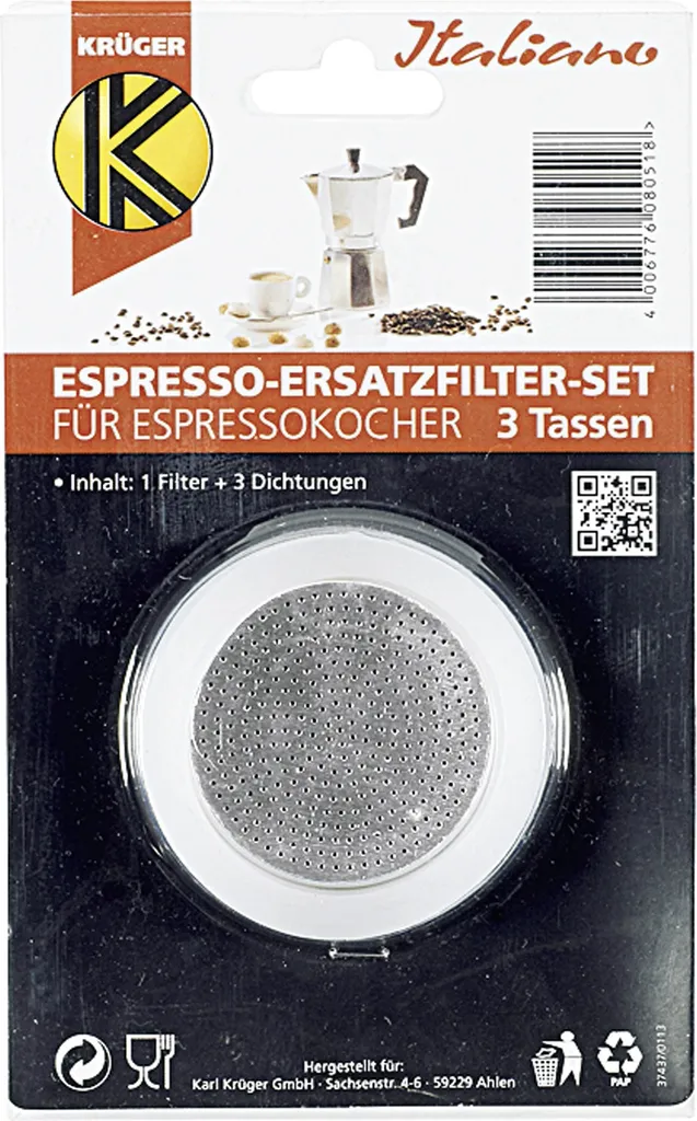 Krüger 504-S Espresso Ersatzfilter-Set Für Espressokocher Für 3 Tassen, Silber/weiß, 4-teilig (1 Set) 3 Krüger 504-S Espresso Ersatzfilter-Set Für Espressokocher Für 3 Tassen, Silber/weiß, 4-teilig (1 Set)