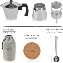 Milu Espressokocher (No Induktion) | 2, 3, 6, 9 Tassen | Aluminium Mokkakanne, Espressokanne, Espresso Maker Set Inkl. Untersetzer, Löffel, Bürste (Aluminium, 4 Tassen (300ml) -Günstiges Brat Lust Geschäft d01c4fea8354b799b3c157dfee8e8462