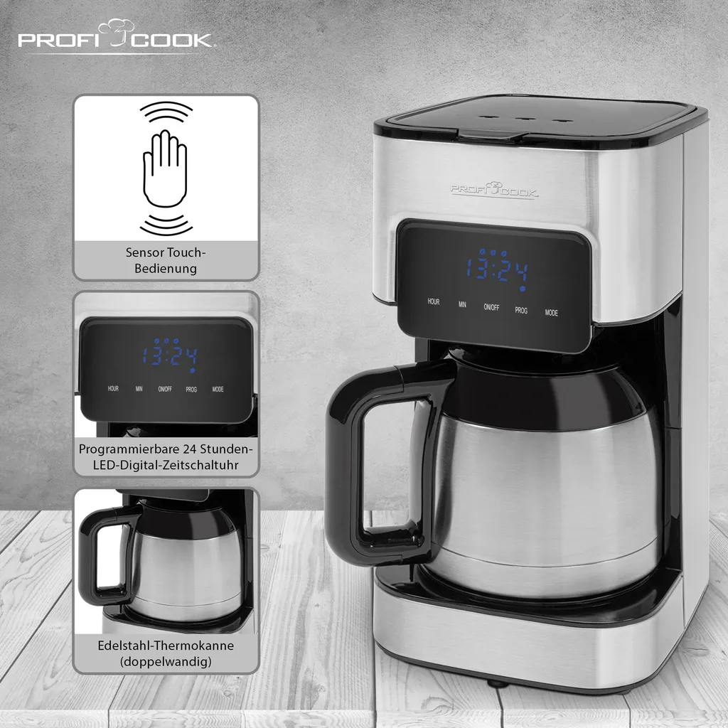 ProfiCook Kaffeeautomat PC-KA 1191 Für 8-10 Tassen, Elektronische Aromawahlfunktion, Sensor Touch-Bedienung, Edelstahl-Thermokanne (doppelwandig) 4 ProfiCook Kaffeeautomat PC-KA 1191 Für 8-10 Tassen, Elektronische Aromawahlfunktion, Sensor Touch-Bedienung, Edelstahl-Thermokanne (doppelwandig) – Bild 2