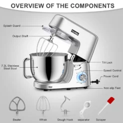 Homlee Küchenmaschine,Mit Knet- Und RüHrfunktion Leistungsstarke 1800W Küchenmaschine Mit GroßEr 7.2 Liter EdelstahlschüSse Inkl. RüHraufsatz, Knethaken & Schneebesen,Spritzschu -Günstiges Brat Lust Geschäft d9e32760ab2479871ec0c7c46ba99a29