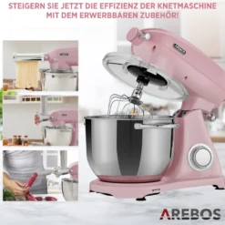AREBOS Retro Küchenmaschine 1800W, Knetmaschine Mit 6L Edelstahl-Rührschüssel, Geräuscharm, 6 Geschwindigkeiten, Rosa -Günstiges Brat Lust Geschäft dff1f2d7eaa26bd09f70391abeb11b49