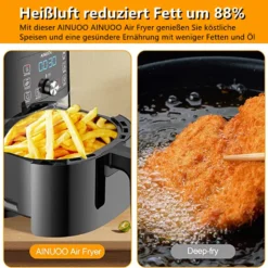 AINUOO 4L Heißluftfritteuse, 1600 W Airfryer Fritteuse Mit Touch Display, 6-in-1 Multifunktions Kompaktfriteuse Mit 6 Programmen, Transparentes Sichtfenster, Mit Rezeptheft, BPA-frei, Schwarz -Günstiges Brat Lust Geschäft ebe239ef3ec7787525292c3e589df197