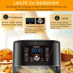 AINUOO 4L Heißluftfritteuse, 1600 W Airfryer Fritteuse Mit Touch Display, 6-in-1 Multifunktions Kompaktfriteuse Mit 6 Programmen, Transparentes Sichtfenster, Mit Rezeptheft, BPA-frei, Schwarz -Günstiges Brat Lust Geschäft ed93635bc8d9c276f4cd0e1b5145c41e