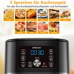 AINUOO 4L Heißluftfritteuse, 1600 W Airfryer Fritteuse Mit Touch Display, 6-in-1 Multifunktions Kompaktfriteuse Mit 6 Programmen, Transparentes Sichtfenster, Mit Rezeptheft, BPA-frei, Schwarz -Günstiges Brat Lust Geschäft f10a4f0aabb3aa356a0ae77418a4a378