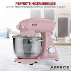 AREBOS Retro Küchenmaschine 1800W, Knetmaschine Mit 6L Edelstahl-Rührschüssel, Geräuscharm, 6 Geschwindigkeiten, Rosa -Günstiges Brat Lust Geschäft f252f6d1deb8b0bab2beaa6ae9aa712e