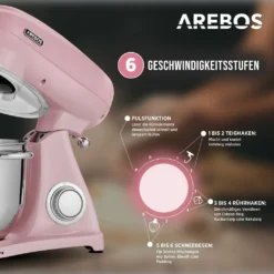 AREBOS Retro Küchenmaschine 1800W, Knetmaschine Mit 6L Edelstahl-Rührschüssel, Geräuscharm, 6 Geschwindigkeiten, Rosa -Günstiges Brat Lust Geschäft f47ac66b87401f05a44c8f7f7992884f