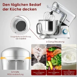 COSTWAY 1400W Küchenmaschine Edelstahl, 6 Stufen Knetmaschine, Rührmaschine 7L Teigmaschine Mit Griff, Inkl. Schneebesen, Knethaken, Rührbesen & Spritzschutz, Silber -Günstiges Brat Lust Geschäft feef11cb03a9fa50aa74f861ac71e4bb